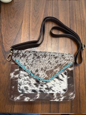 Cowhide Envelope Crossbody Bag with Turquoise Bead Trim - Brown/White